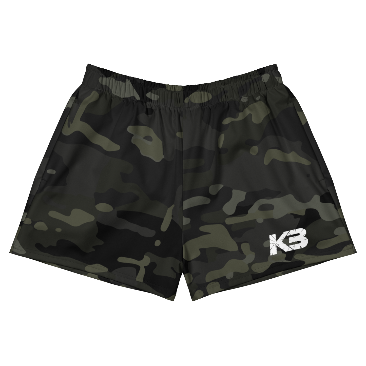 Camouflage shorts with a visible brand logo on a white background