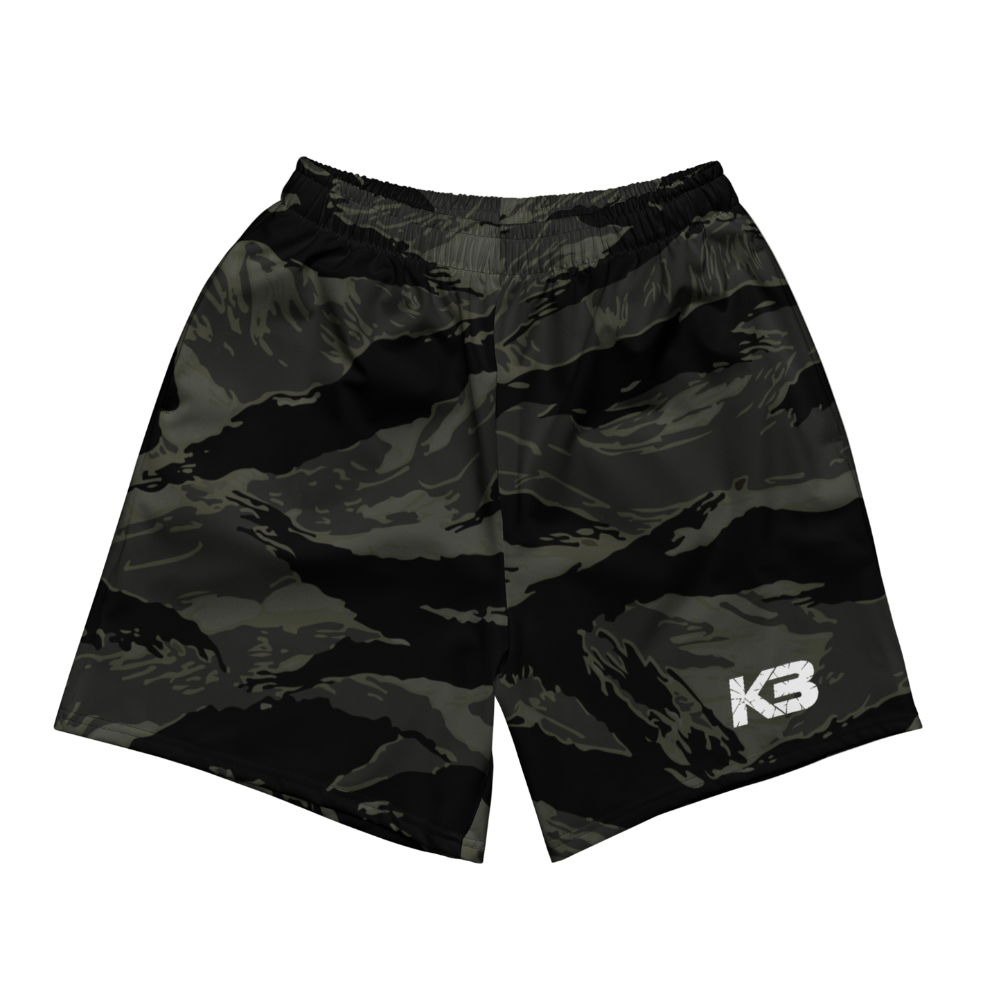 Black camouflage shorts with 'KB' logo on a white background