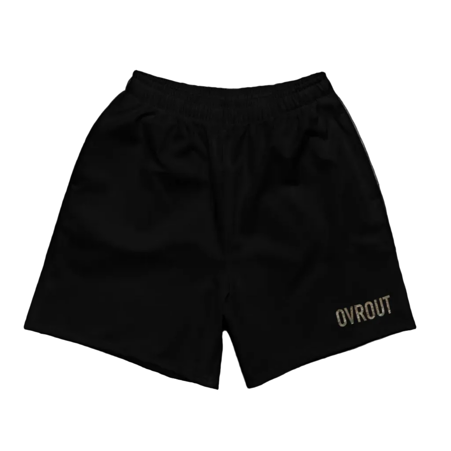 Black shorts with 'OVROUT’ branding