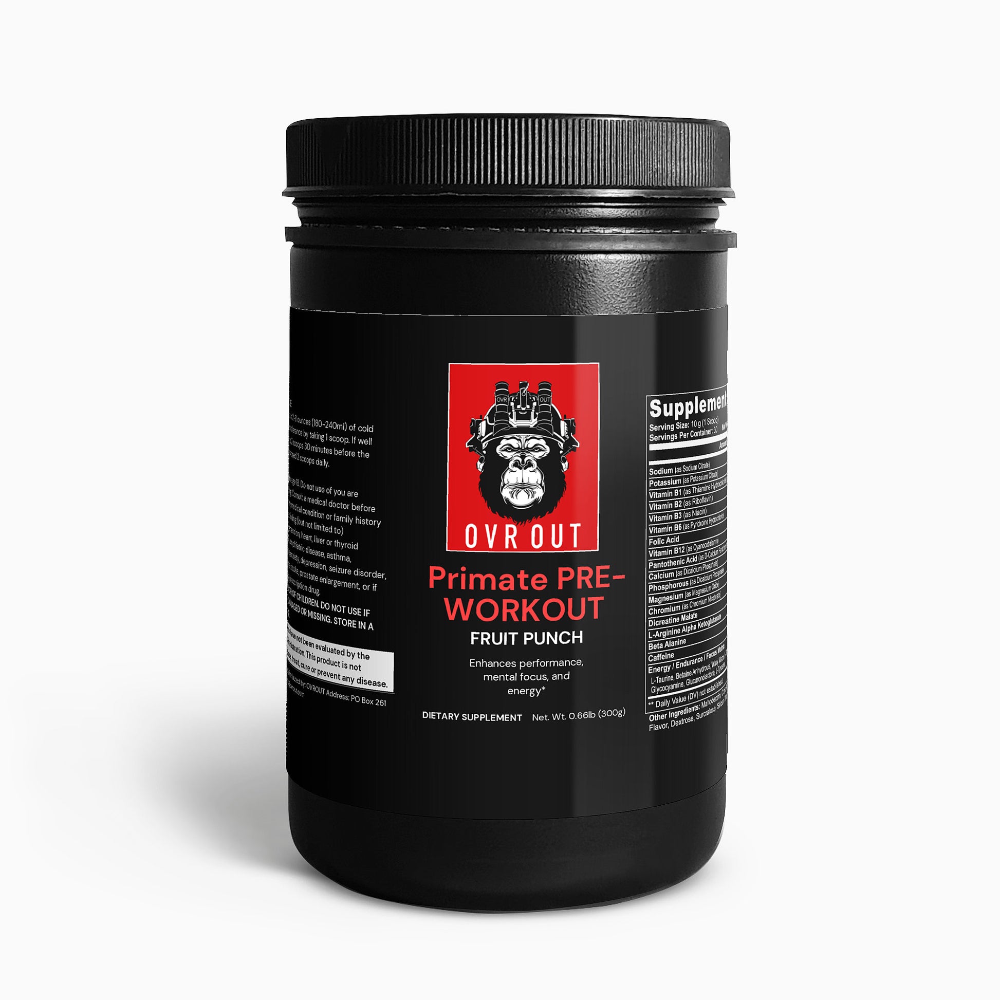 Black supplement container with red label featuring a logo and text on a white background