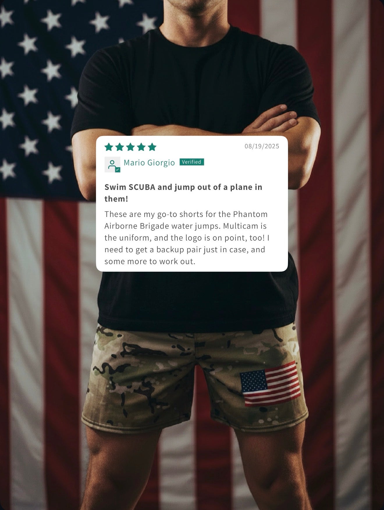 A man wearing camouflage swim shorts with an American flag patch and a black t-shirt stands in front of an American flag, with a white review card overlay in the center.