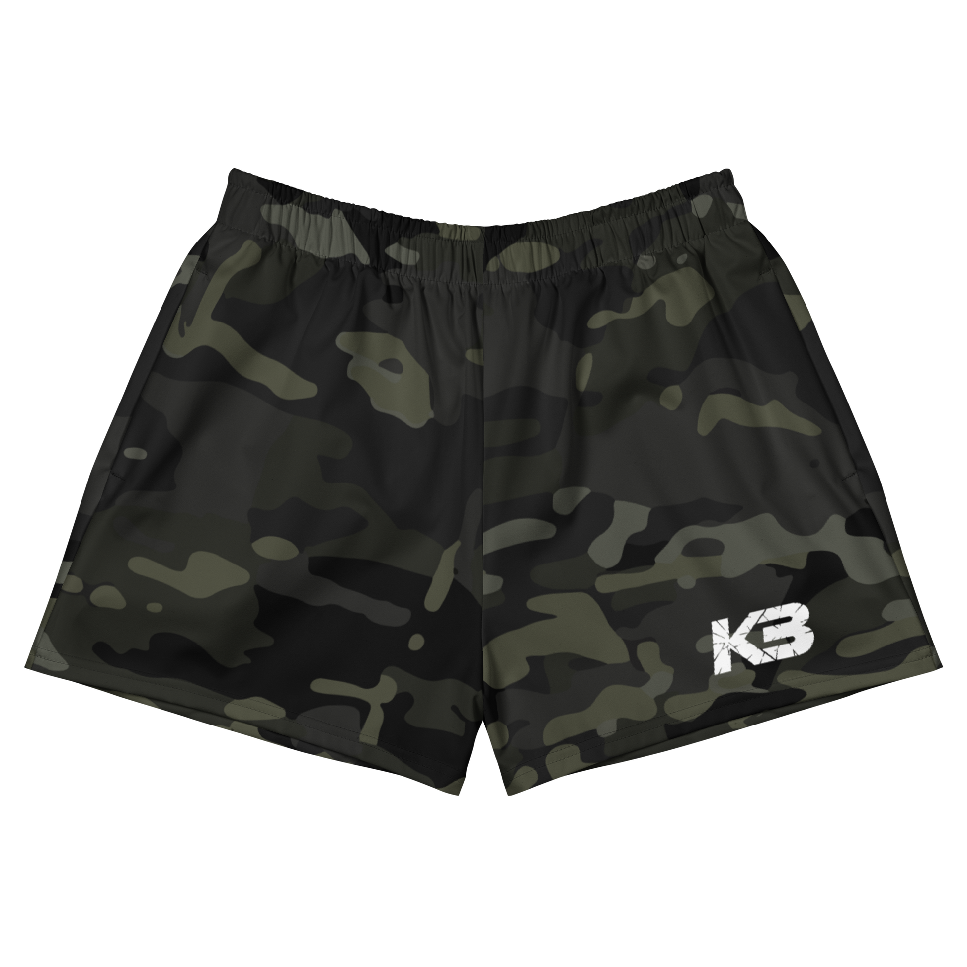 Camouflage shorts with a visible brand logo on a white background