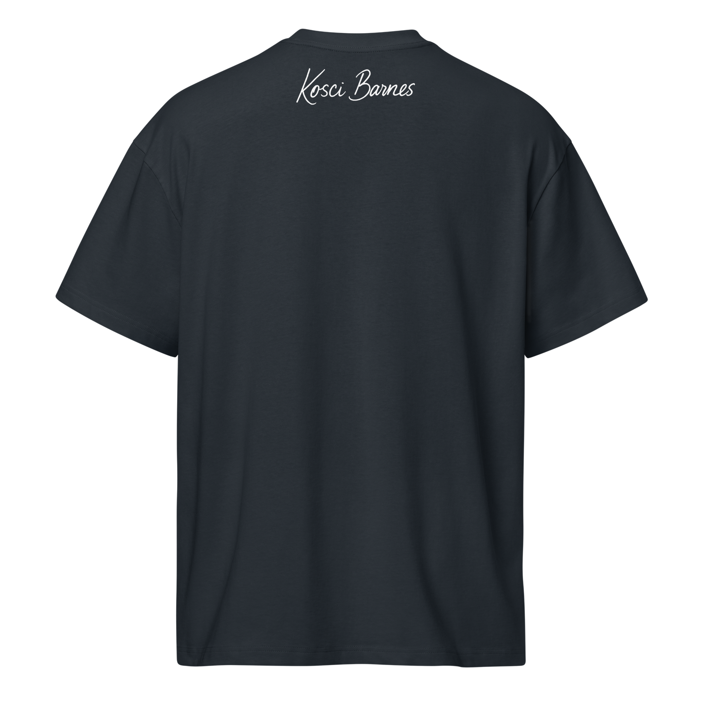 Black t-shirt with 'Kosci Barnes' branding on the back against a white background