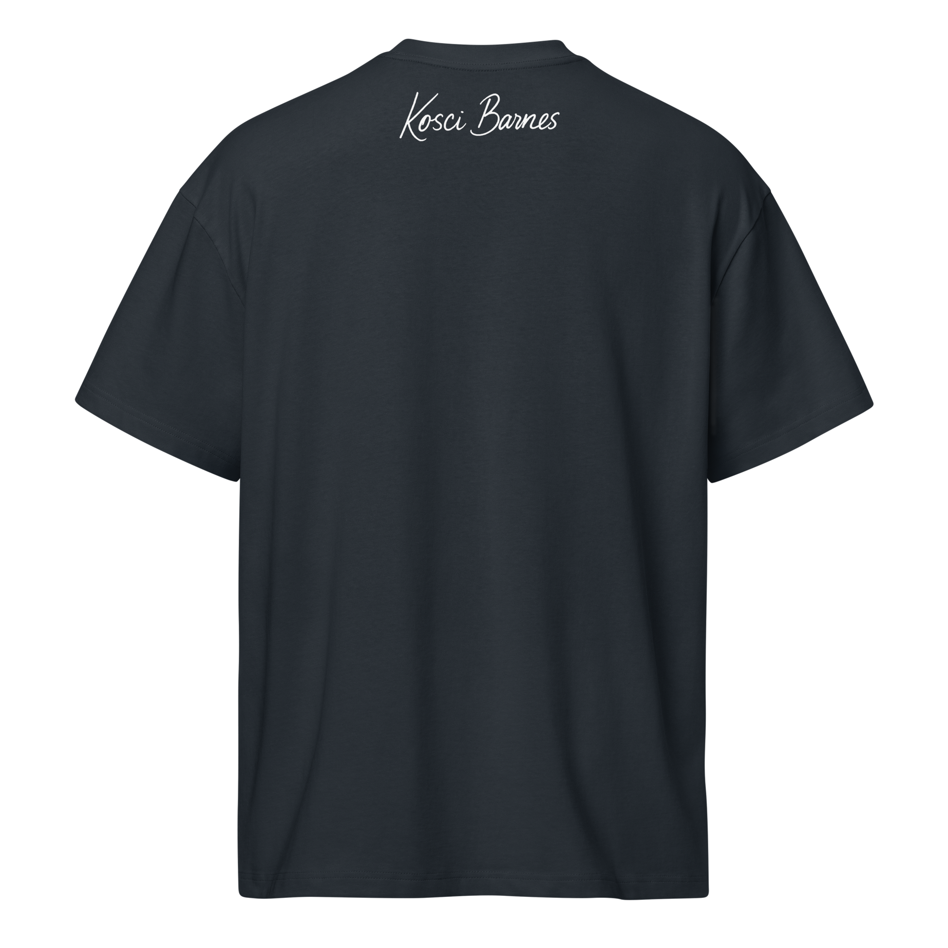 Black t-shirt with 'Kosci Barnes' branding on the back against a white background