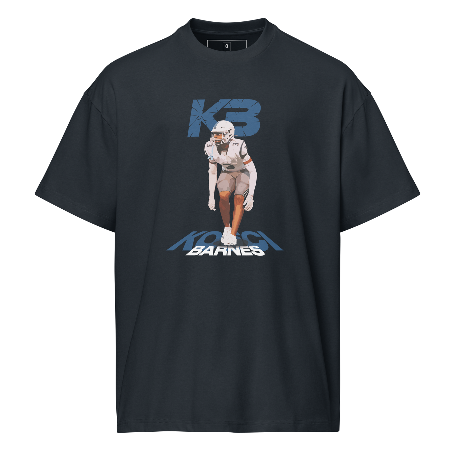 Navy t-shirt with a graphic of a football player and 'KB' branding on a white background