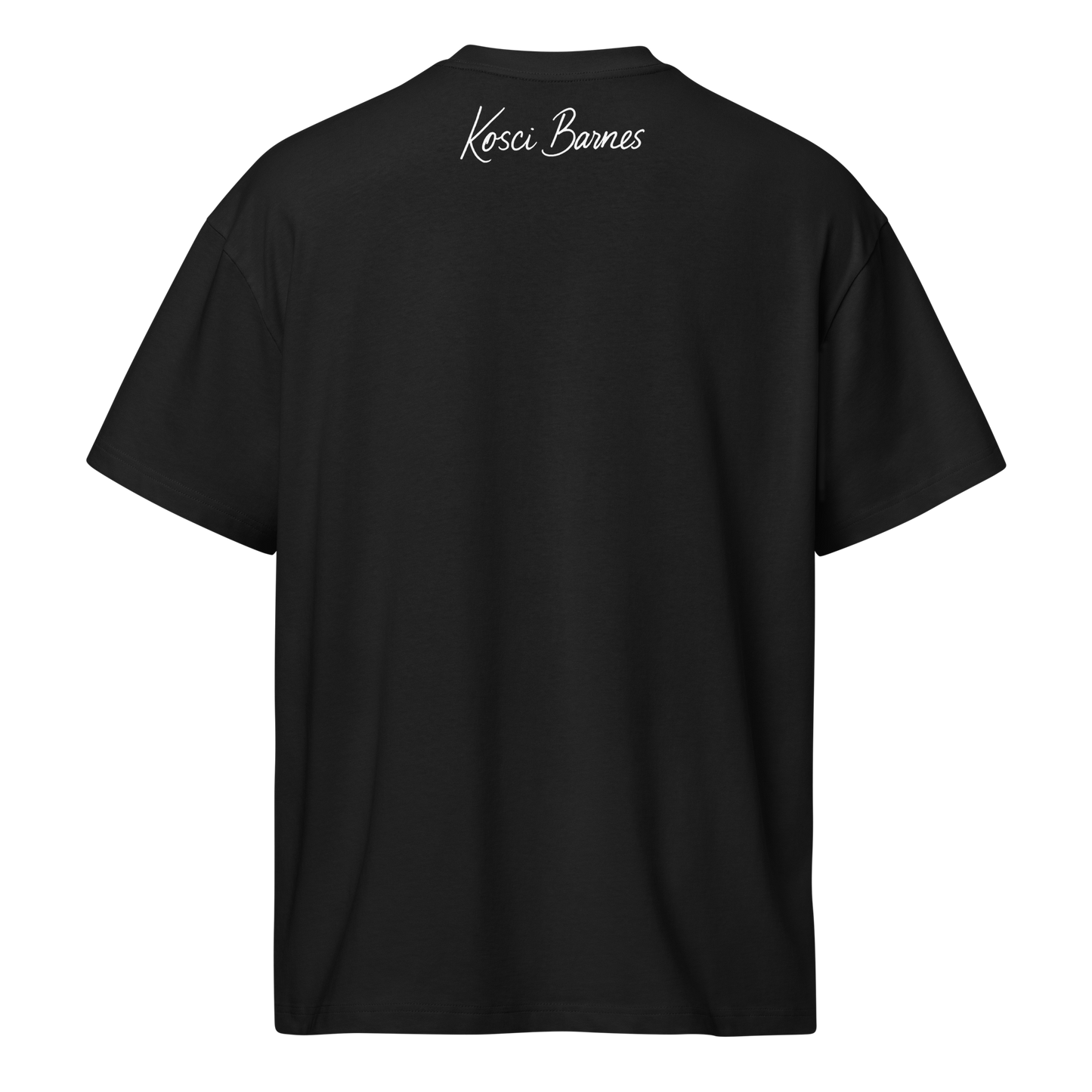 Black t-shirt with 'Kosci Barnes' branding on the back against a white background