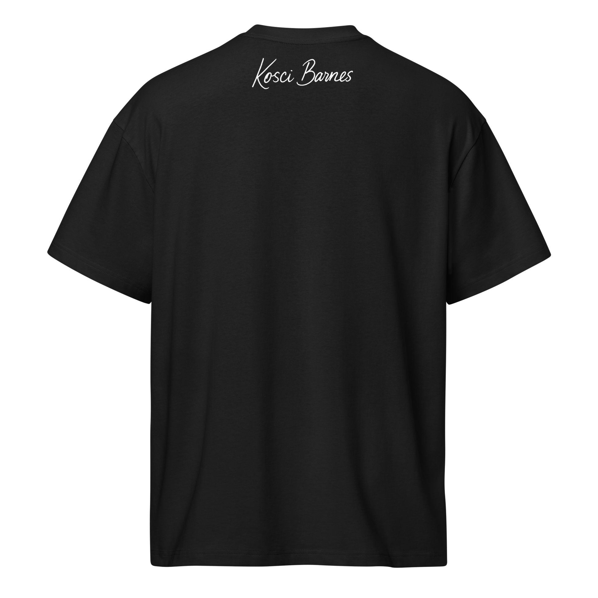 Black t-shirt with 'Kosci Barnes' branding on the back against a white background