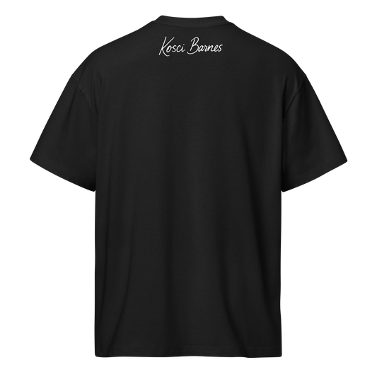 Black t-shirt with 'Kosci Barnes' branding on the back against a white background