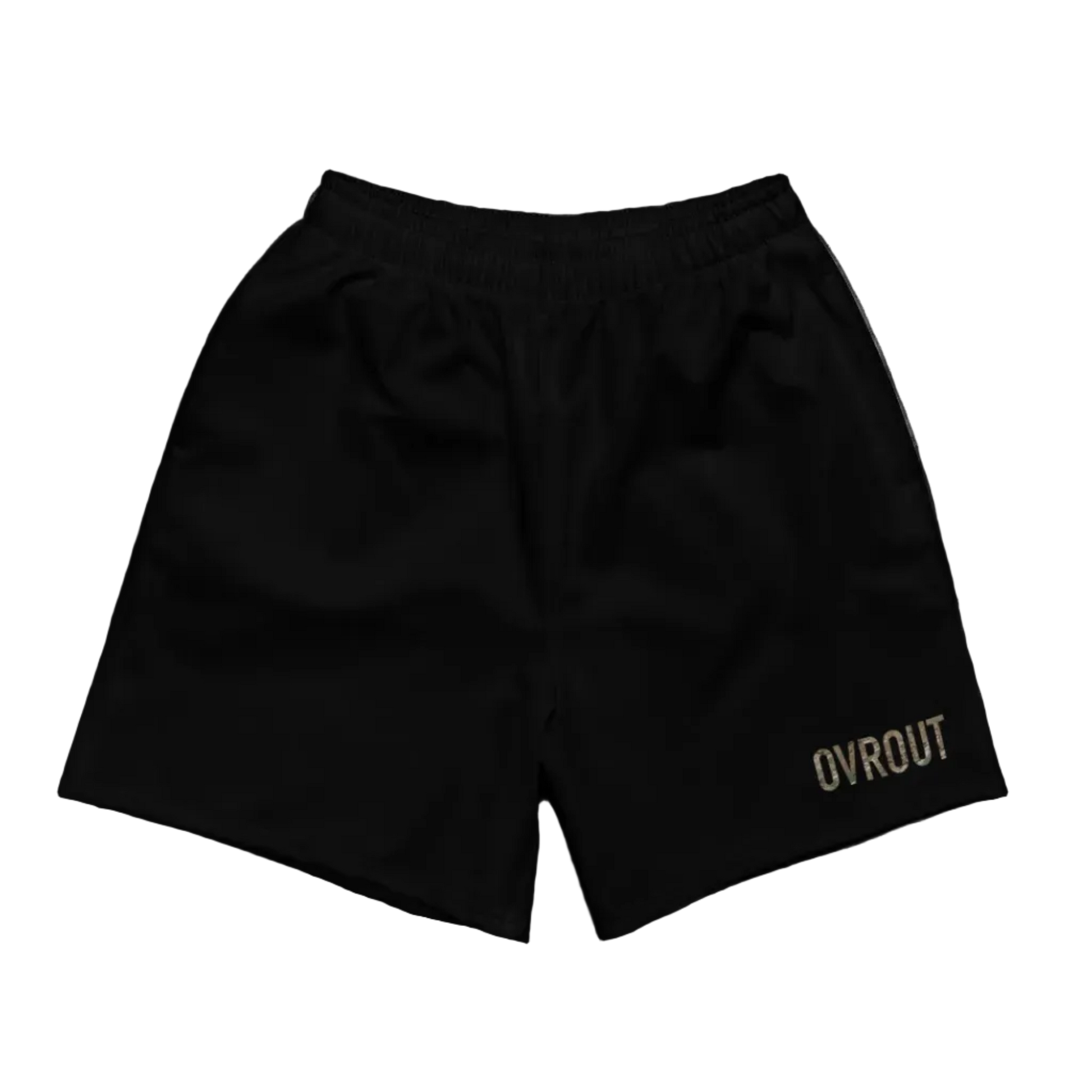 Black shorts with 'OVROUT’ branding