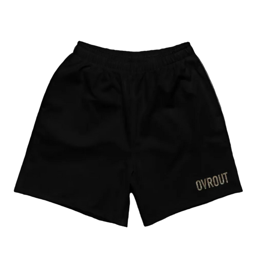 Black shorts with 'OVROUT’ branding