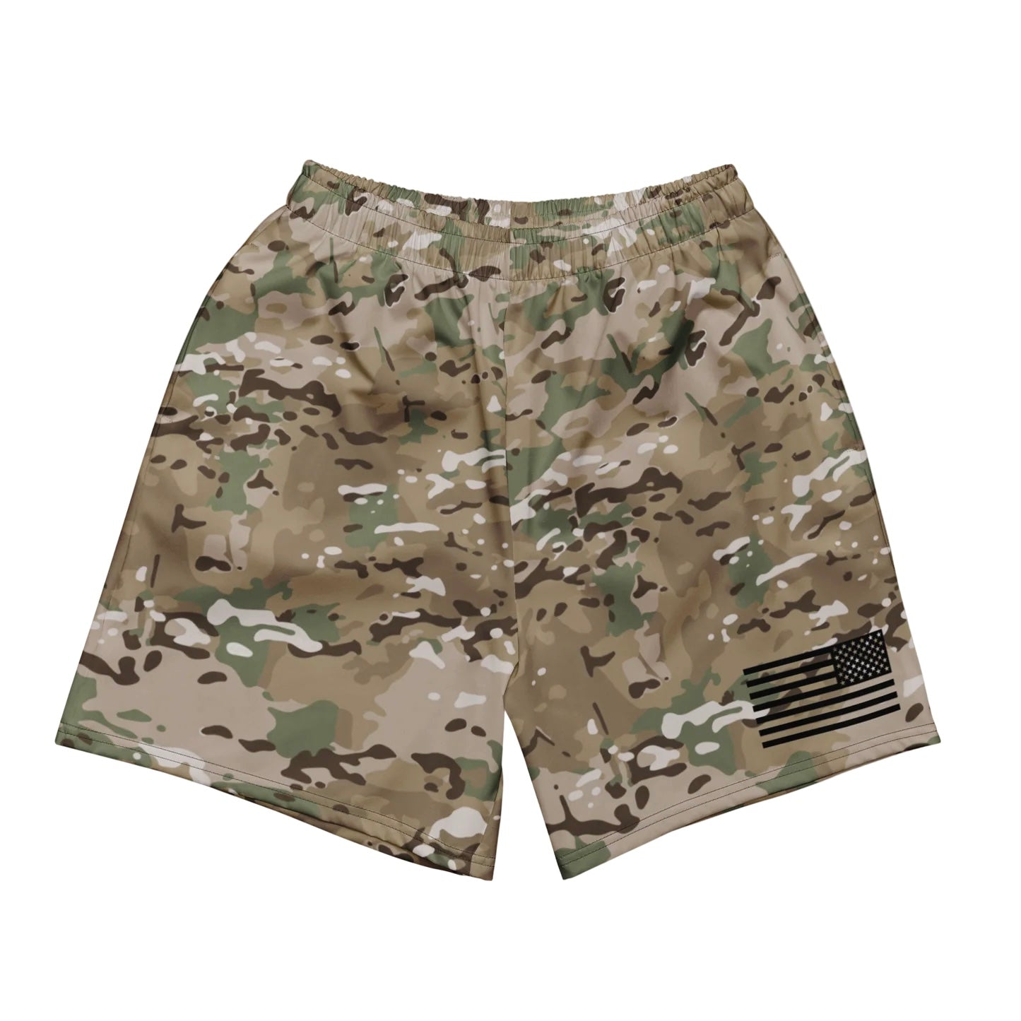 Camouflage shorts with an American flag patch on a white background