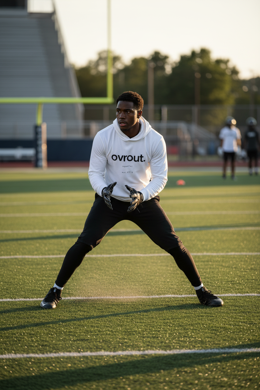 Black football player in OVR & OUT hoodie tee